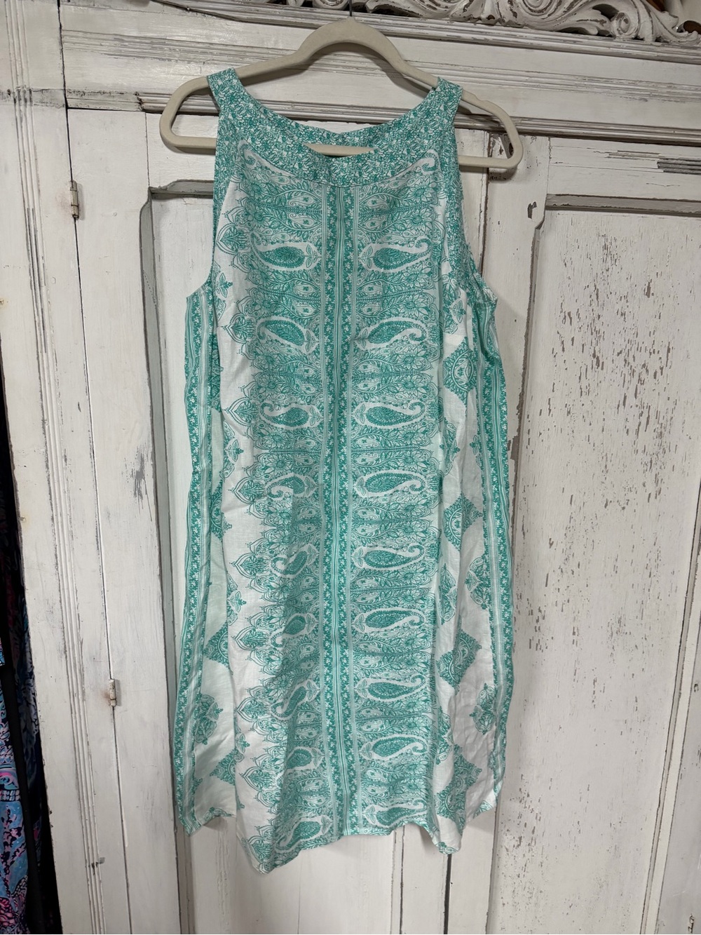 J. Jill  Love Linen White and Aqua Paisley Sleeveless Shift Dress boho
